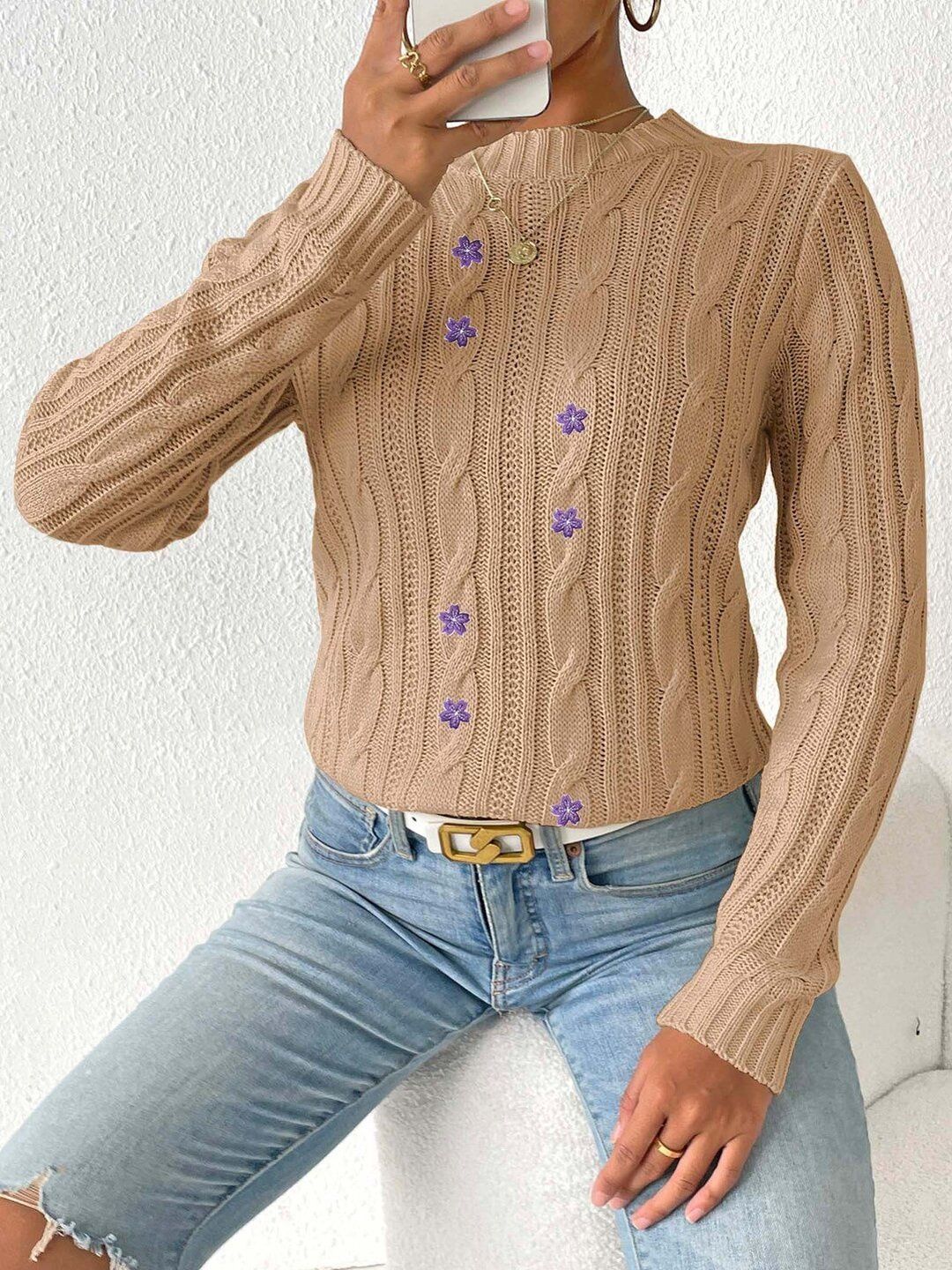 Women Cable Knit Pullover with Embroidered Detail