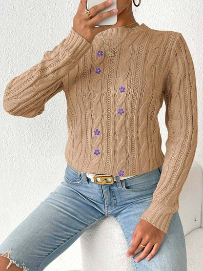 Women Cable Knit Pullover with Embroidered Detail