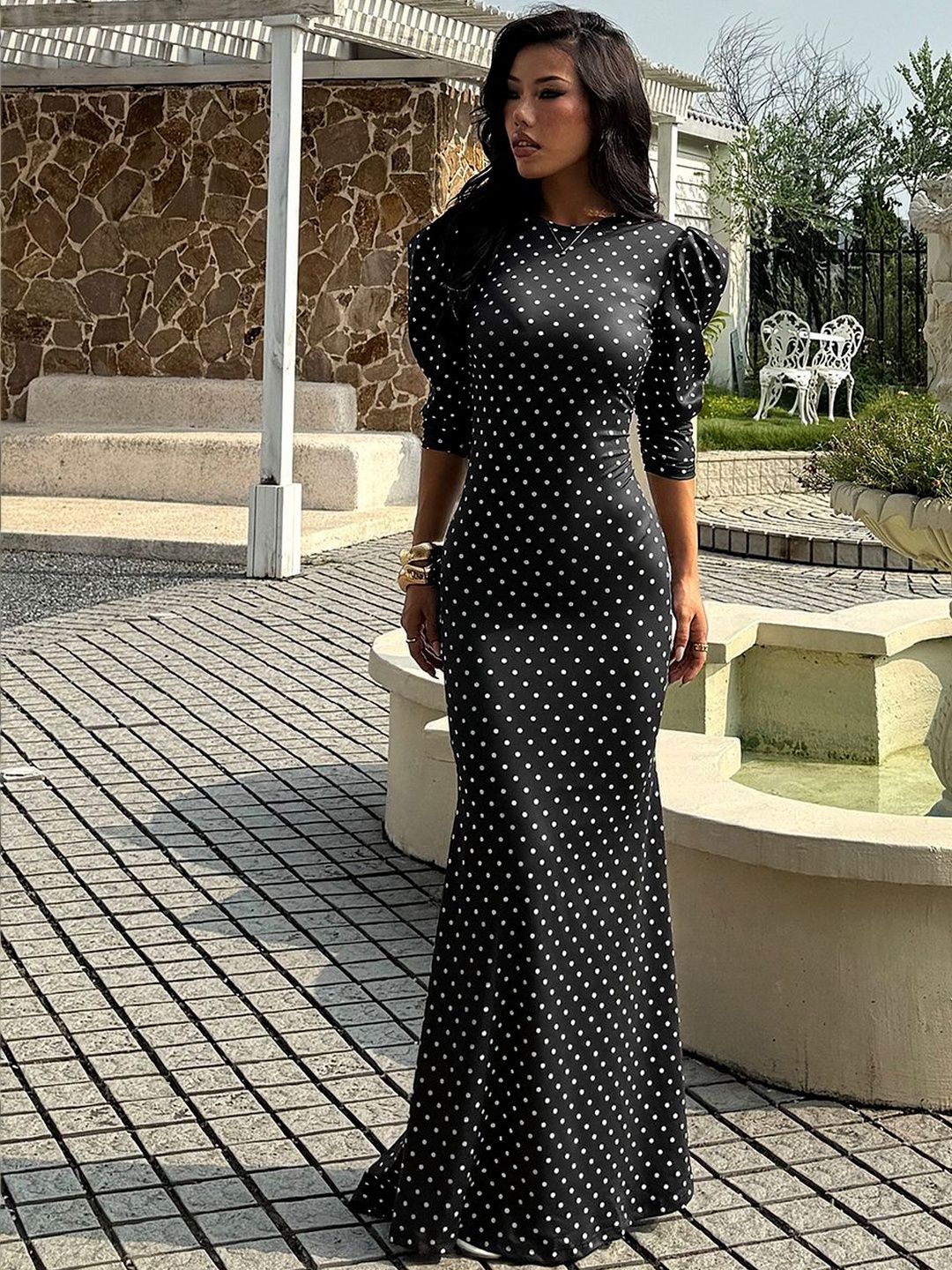 Polka Dot Print Puff Sleeve Sheath Maxi Dress in Black - Nowi Korean Fashion