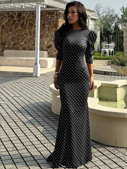 Polka Dot Print Puff Sleeve Sheath Maxi Dress in Black - Nowi Korean Fashion