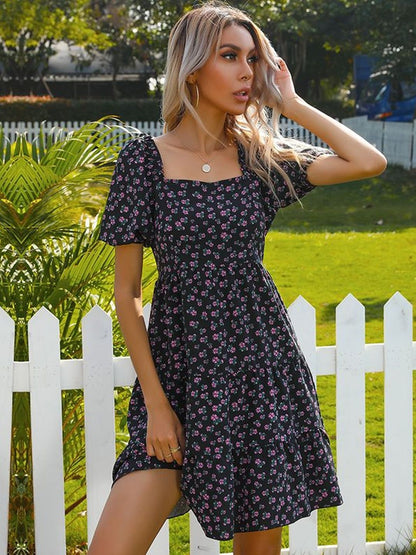 Floral Print Puff Sleeve Fit & Flare Dress