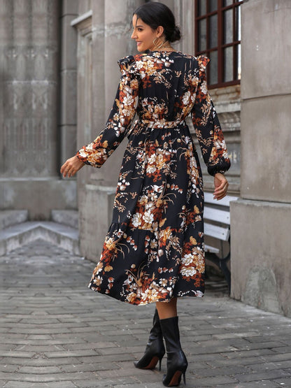 Women's Black Floral Print Puff Sleeve Ruffled Midi Dress
