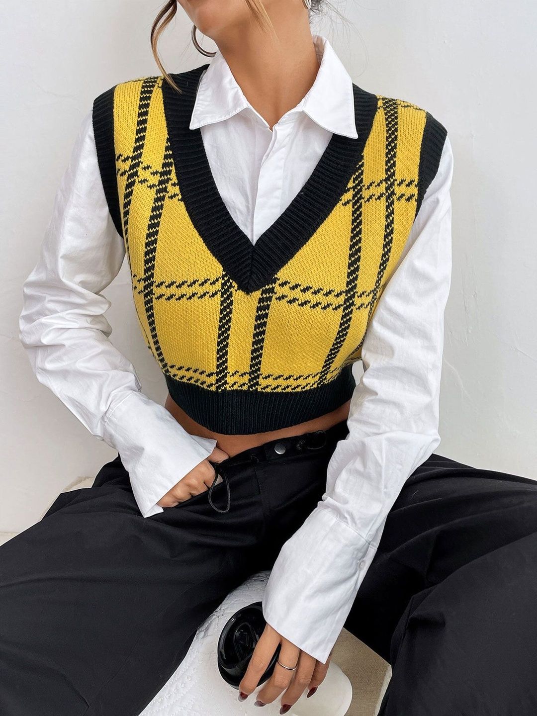 Women's Yellow Checked Crop Sweater Vest