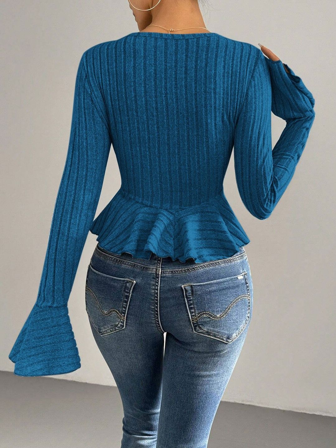NOWI Bell Sleeve Ruffles Cotton Peplum Top