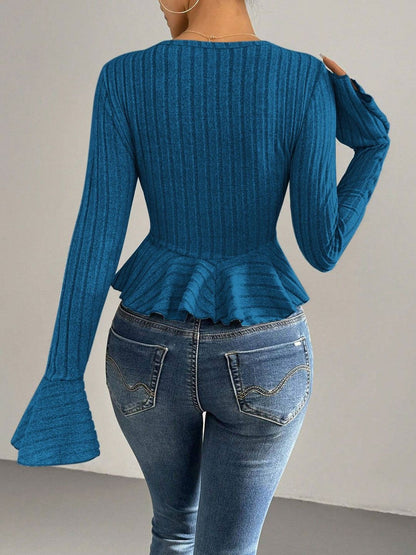 NOWI Bell Sleeve Ruffles Cotton Peplum Top
