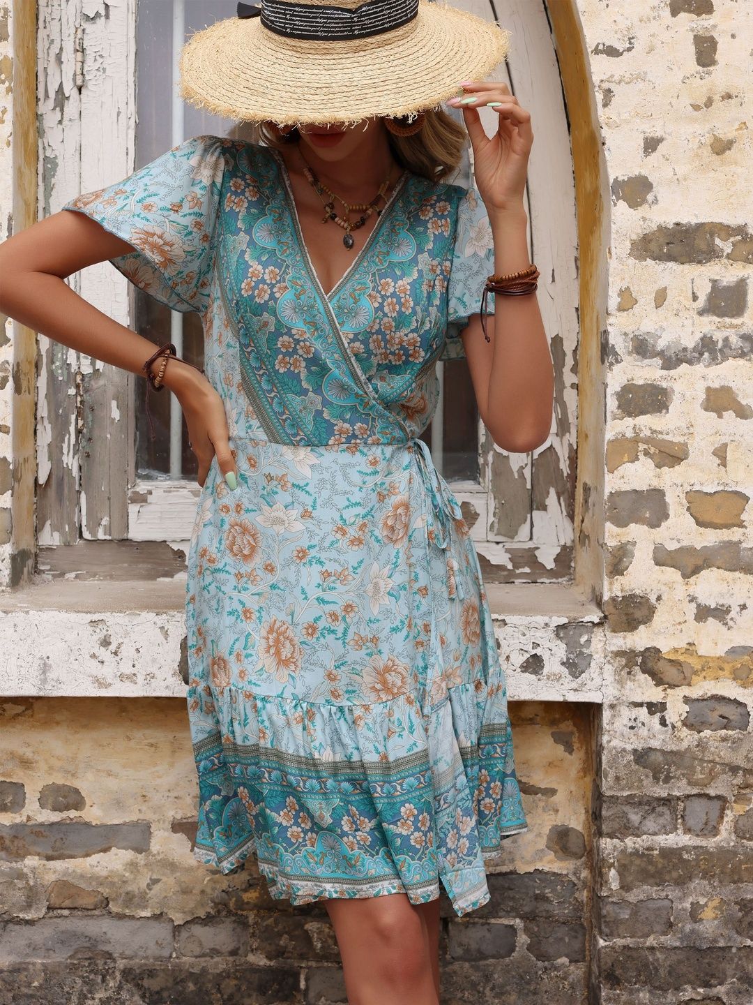 Floral Print Flared Sleeve Ruffled Dress