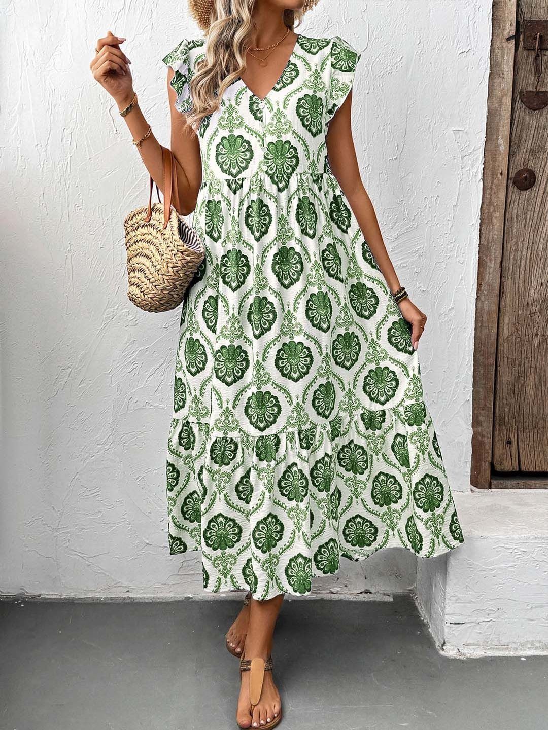 Bohemian Ethnic Motif Flutter Sleeve Midi Dress