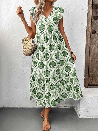 Bohemian Ethnic Motif Flutter Sleeve Midi Dress