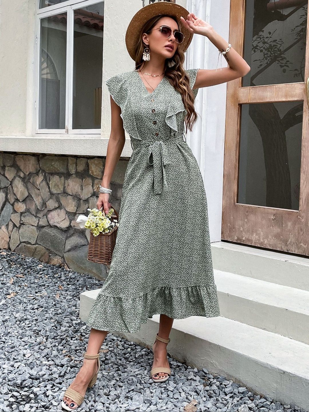 Floral Print Flutter Sleeve Ruffled A-Line Midi Dress