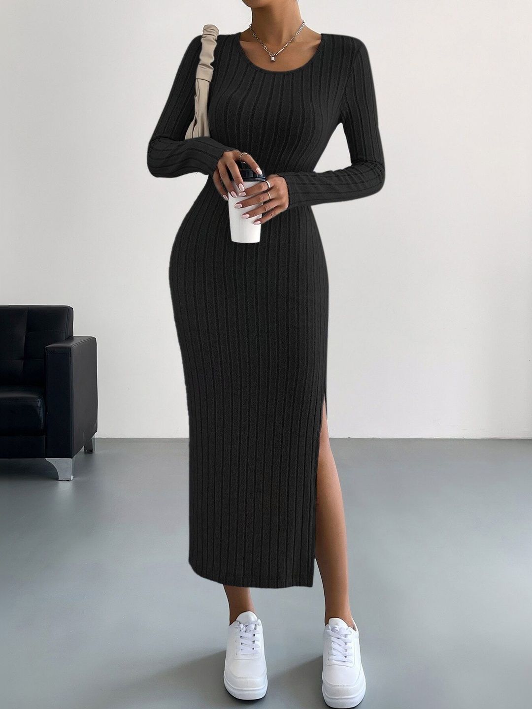 Women's Black Bodycon Midi Dress Blend Printed
