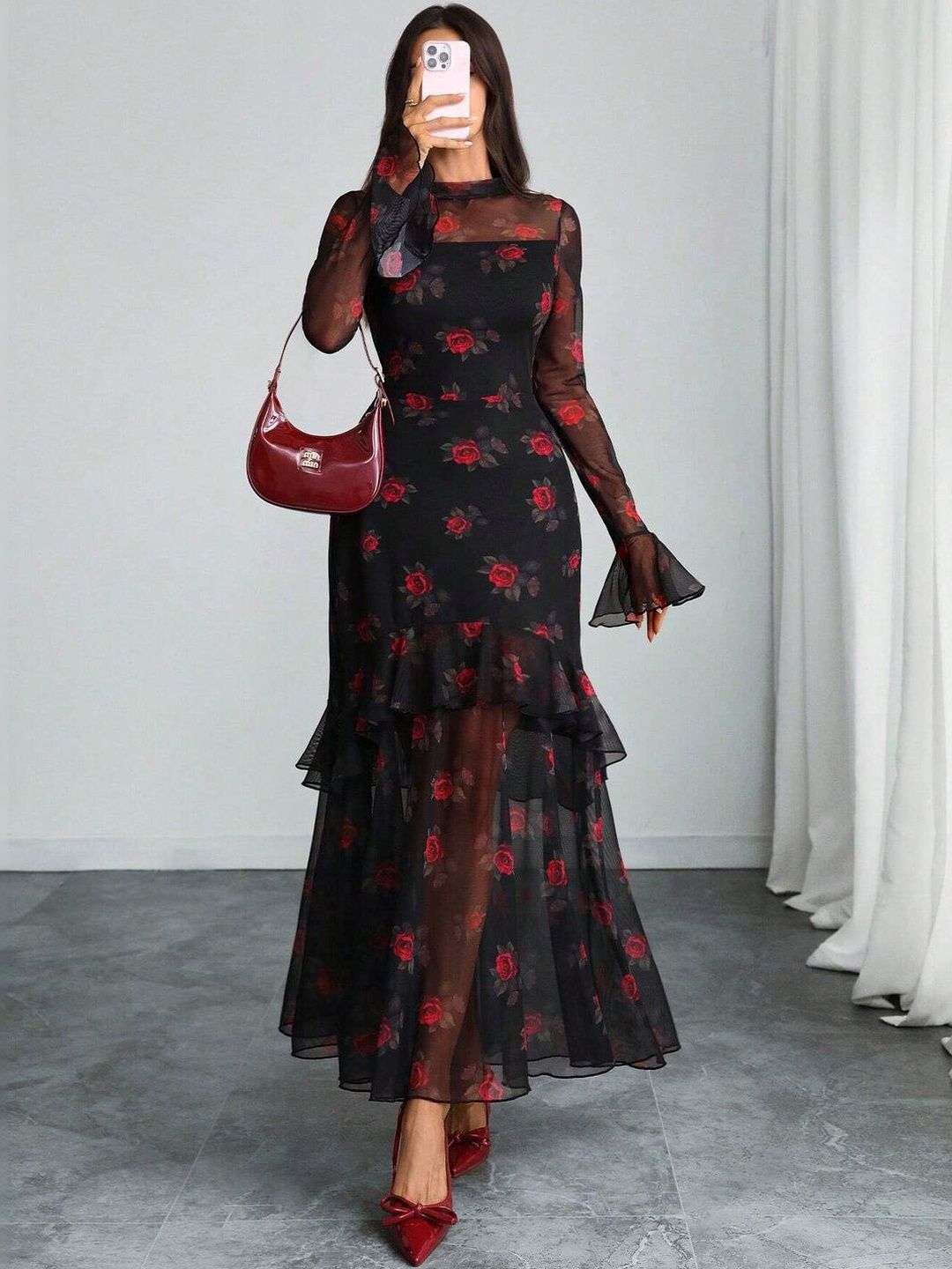 Floral Print Flared Sleeve Ruffled Sheath Maxi Dress
