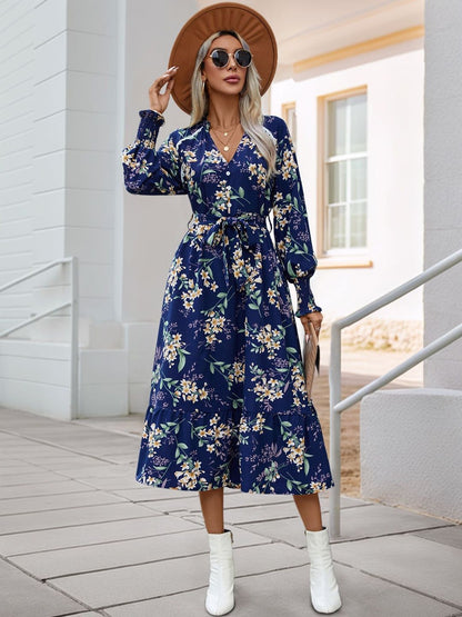 Floral Print Puff Sleeve Fit & Flare Midi Dress