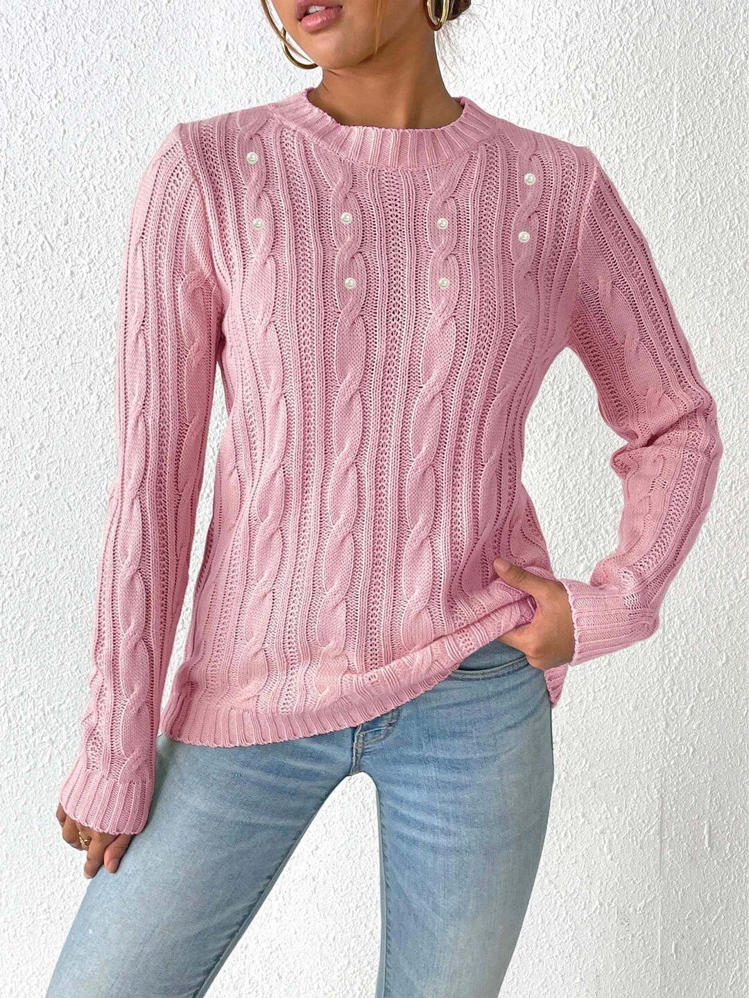 Women Cable Knit Pullover with Embellished Detail