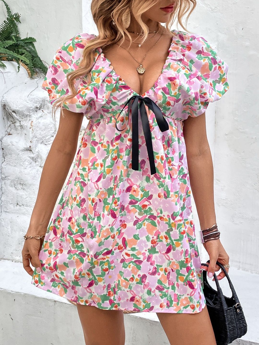 Floral Print Puff Sleeve Fit & Flare Mini Dress