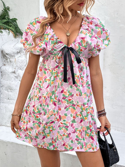 Floral Print Puff Sleeve Fit & Flare Mini Dress