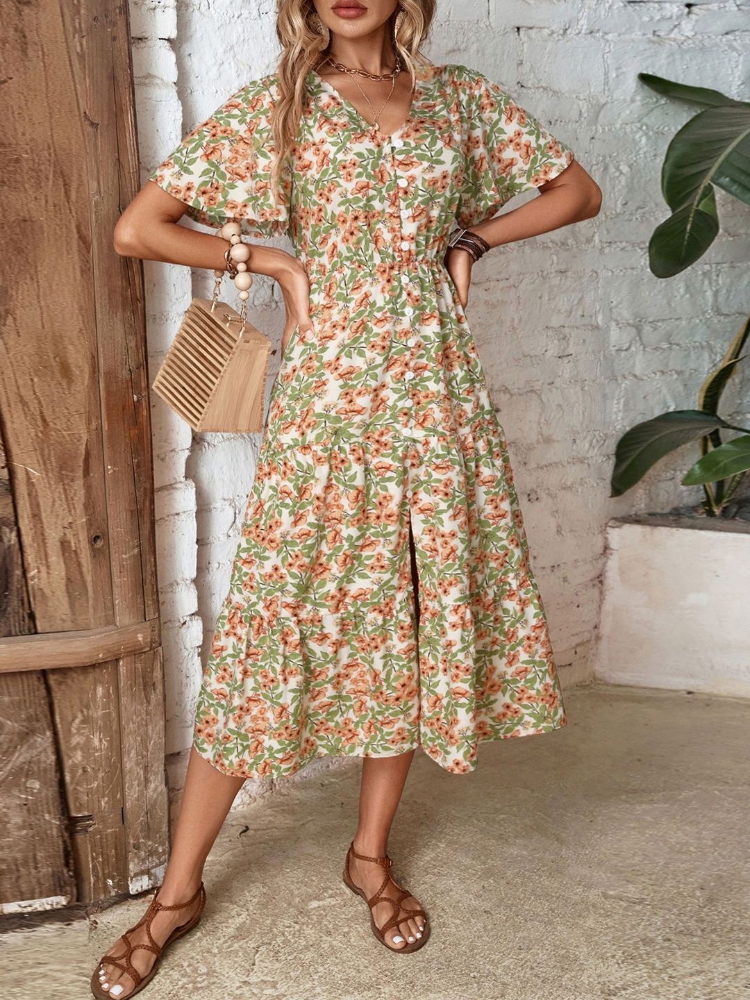 Floral Print A-Line Midi Dress