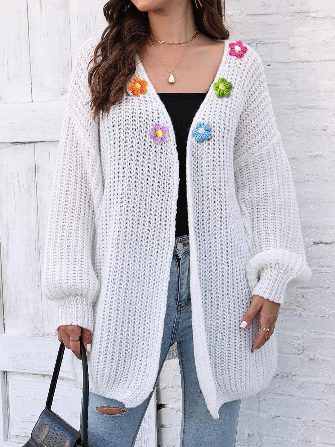 Women Ribbed Longline Cardigan with Applique Detail