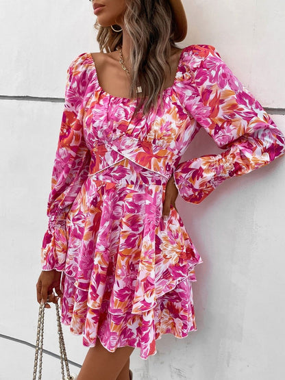 Women's Pink Floral Print Puff Sleeve Fit & Flare Mini Dress