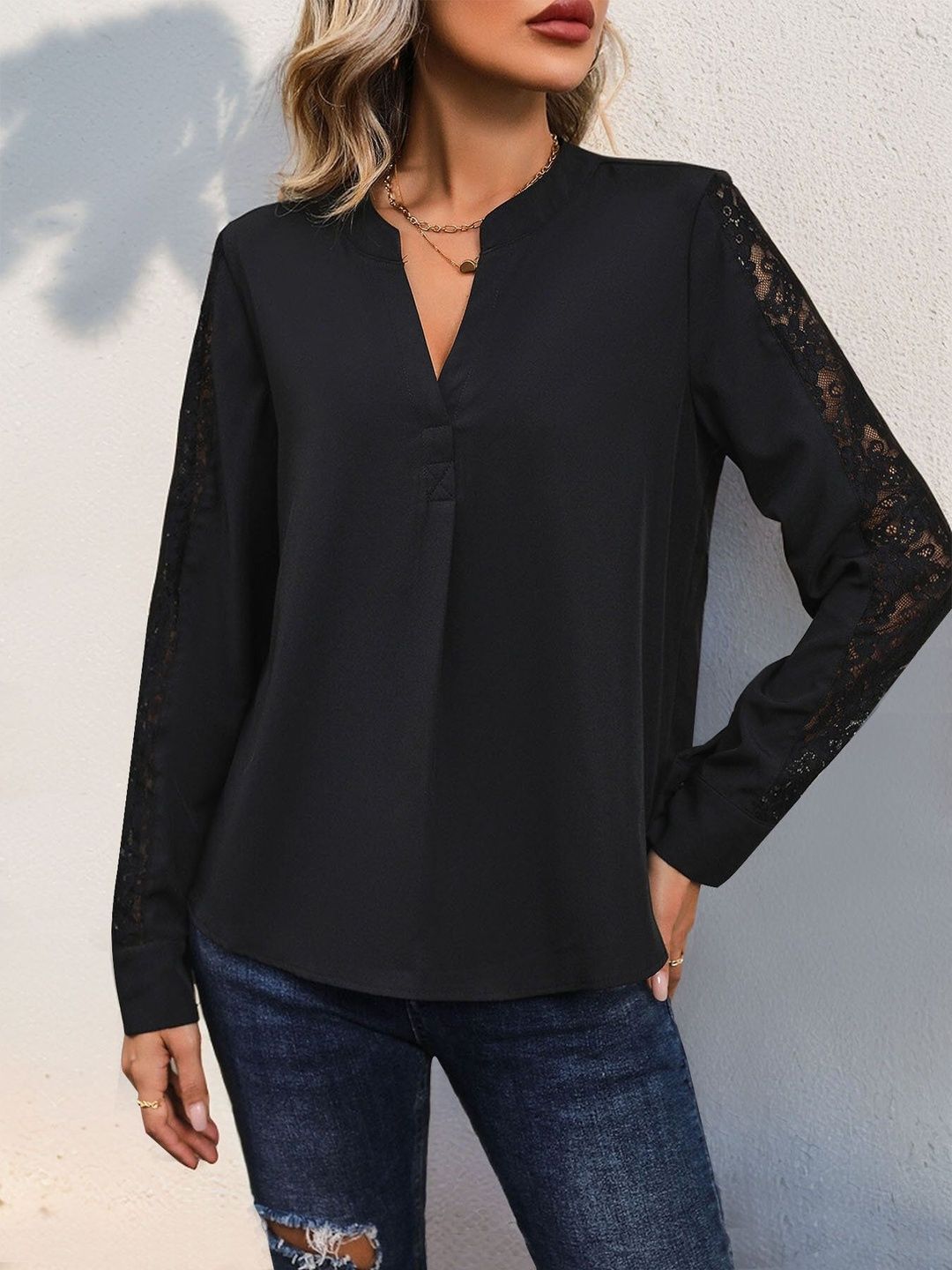 Women's Black Mandarin Collar Top