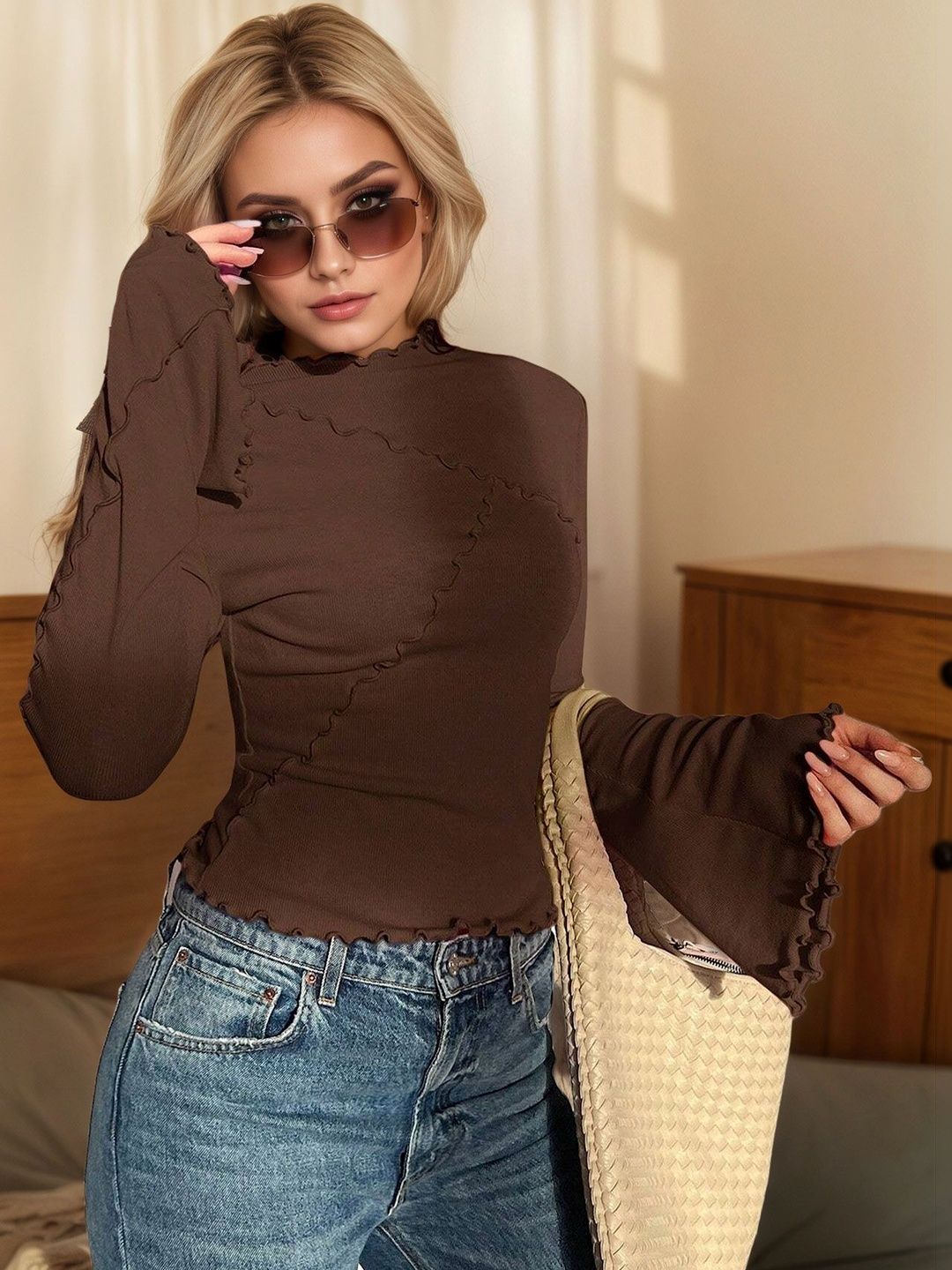 NOWI Flared Sleeve Ruffles Cotton Top