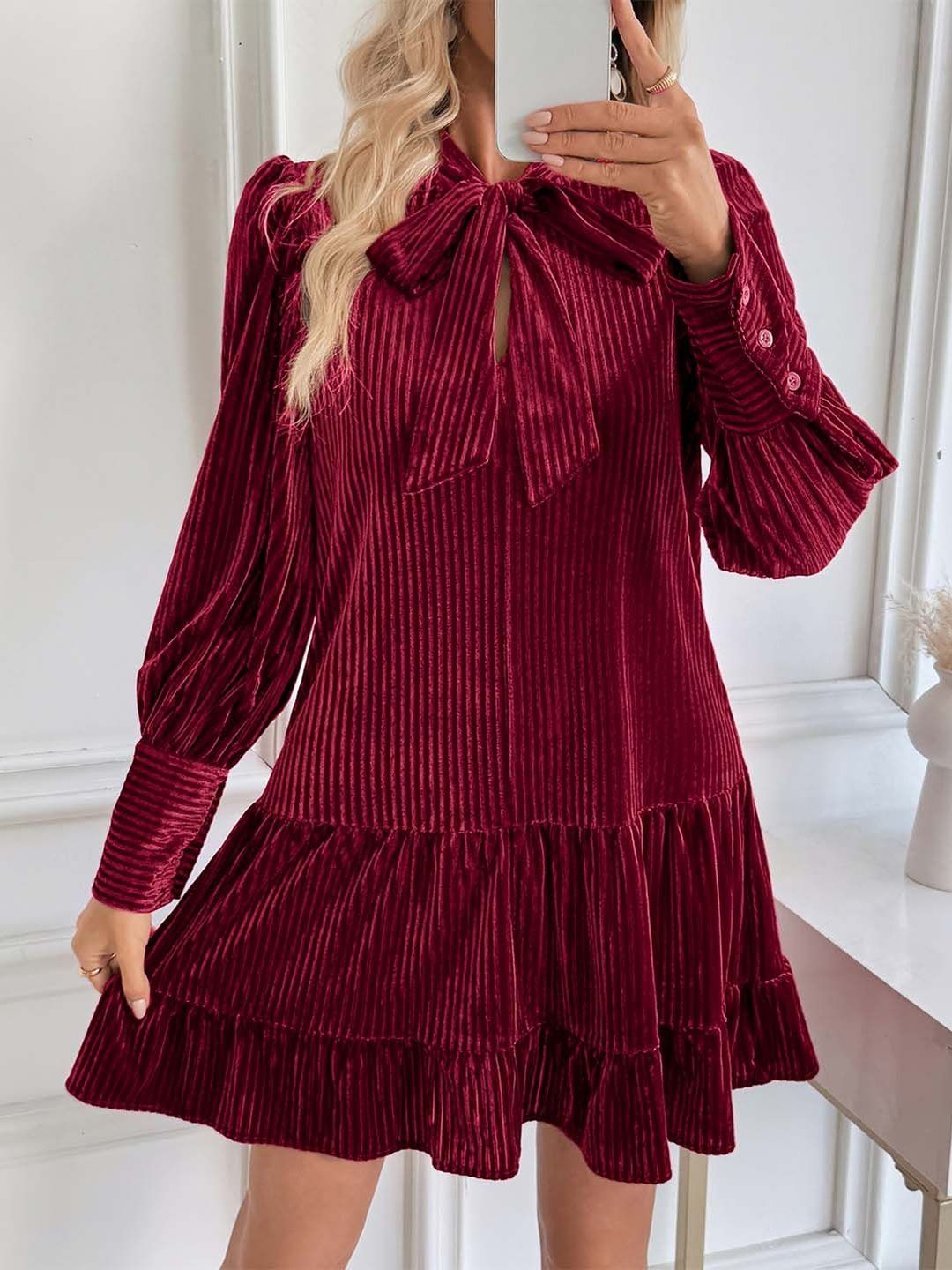 Tie-Up Neck Puff Sleeve Ruffled A-Line Dress