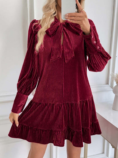 Tie-Up Neck Puff Sleeve Ruffled A-Line Dress