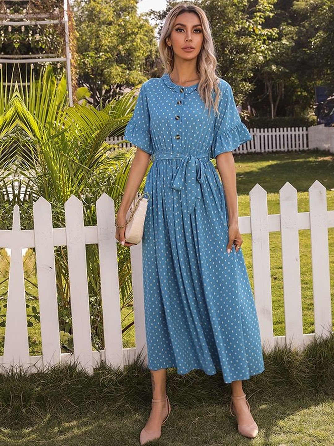 Polka Dot Print Flutter Sleeve Fit & Flare Midi Dress