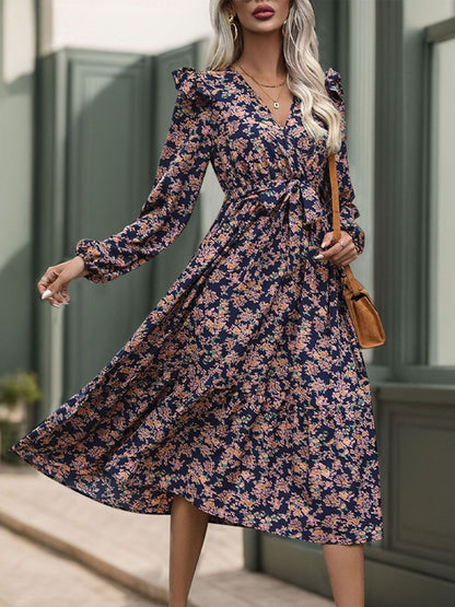 NOWI Floral Print Ruffled Fit & Flare Midi Dress - Nowi Korean Fashion