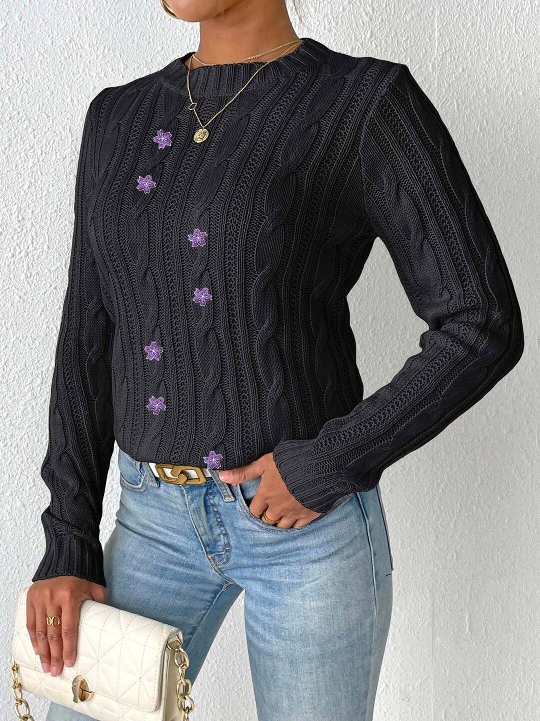 Women Cable Knit Pullover with Embroidered Detail