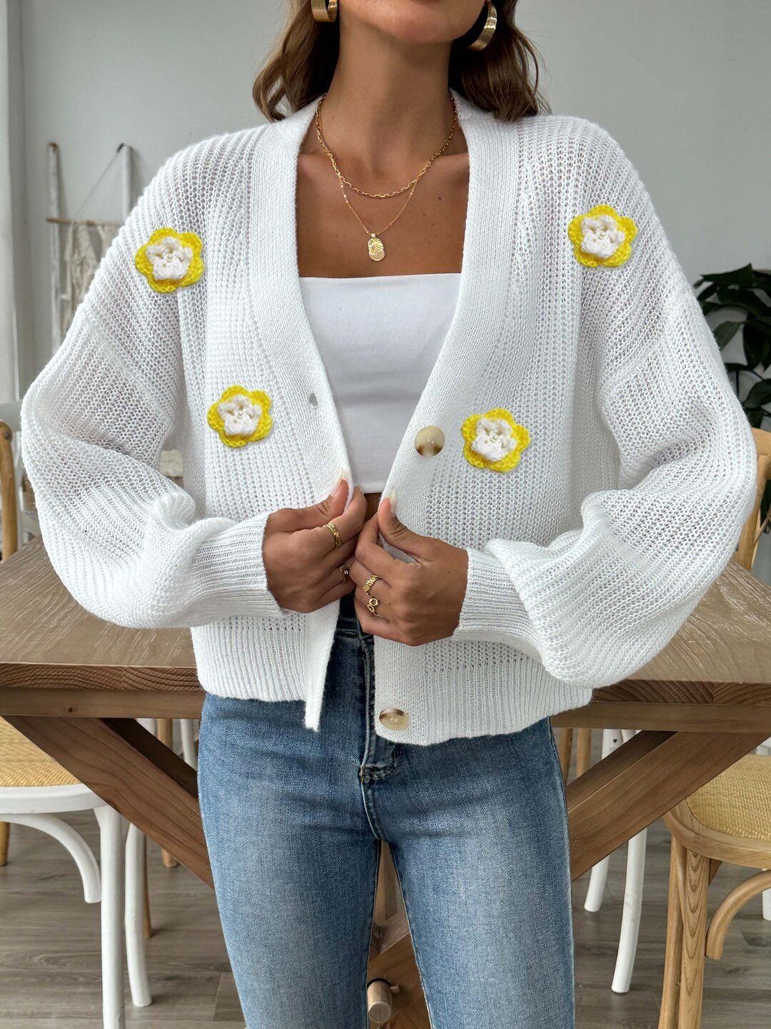 Women Crop Cardigan with Applique Detail