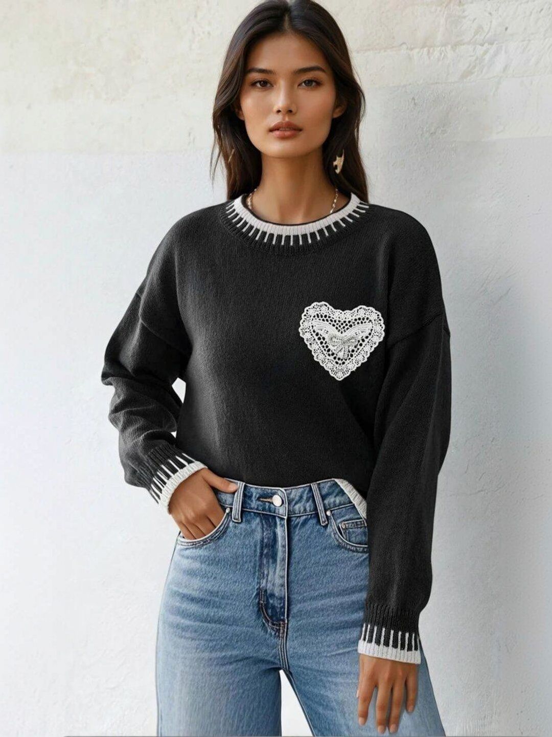 Pullover with Embroidered Detail in Black acrylic Long Sleeve - Nowi Korean Fashion