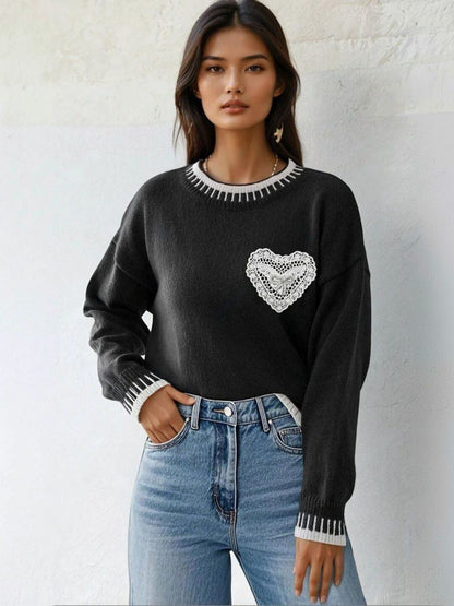 Pullover with Embroidered Detail in Black acrylic Long Sleeve - Nowi Korean Fashion