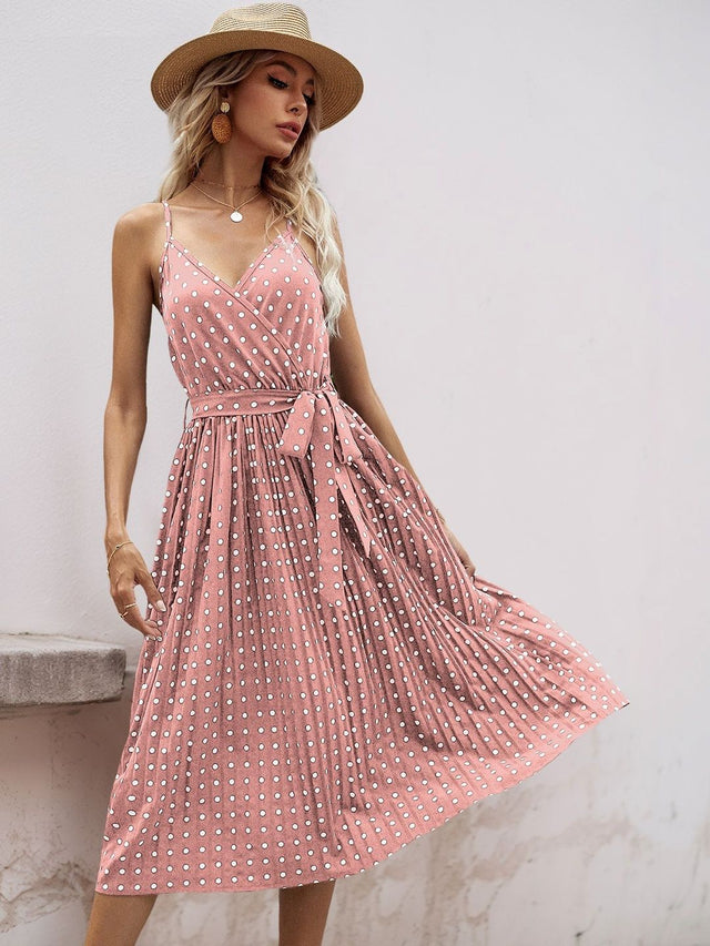 Polka Dot Print Midi Dress in Pink cotton Printed - Nowi Korean Fashion