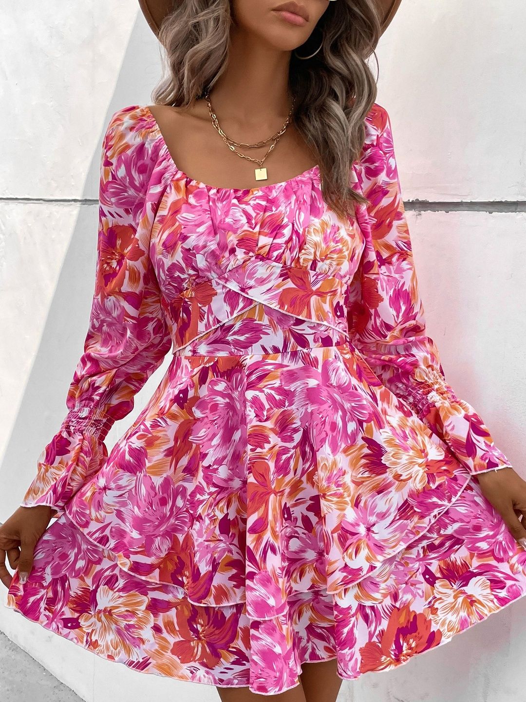 Women's Pink Floral Print Puff Sleeve Fit & Flare Mini Dress