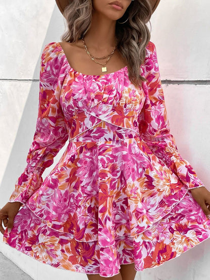 Women's Pink Floral Print Puff Sleeve Fit & Flare Mini Dress