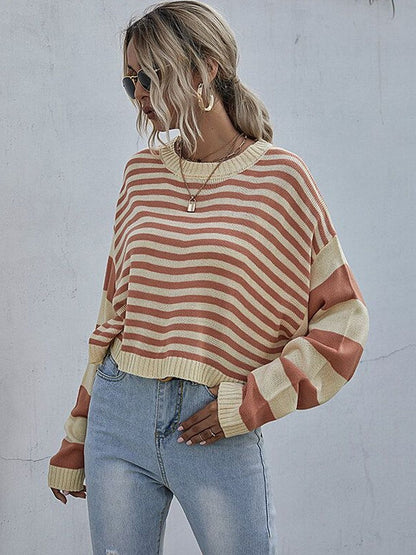 Women's Beige Nowi Women Striped Crop Pullover