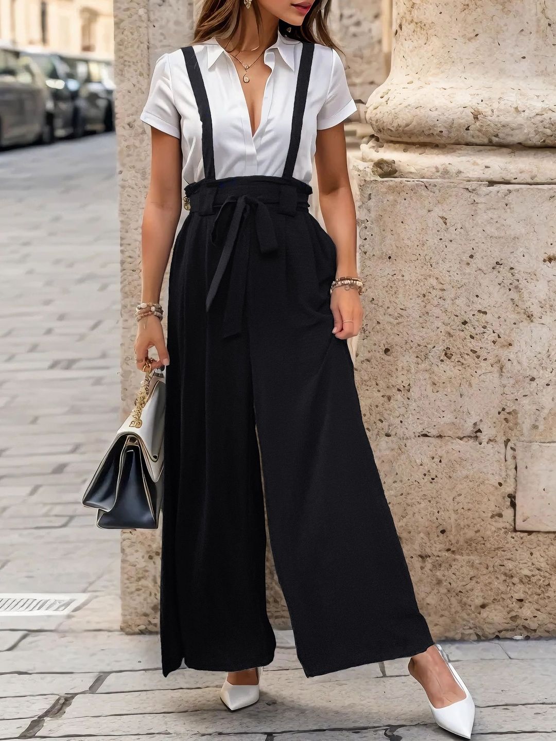 Basic Jumpsuit in Black polyester Short Sleeve - Nowi Korean Fashion
