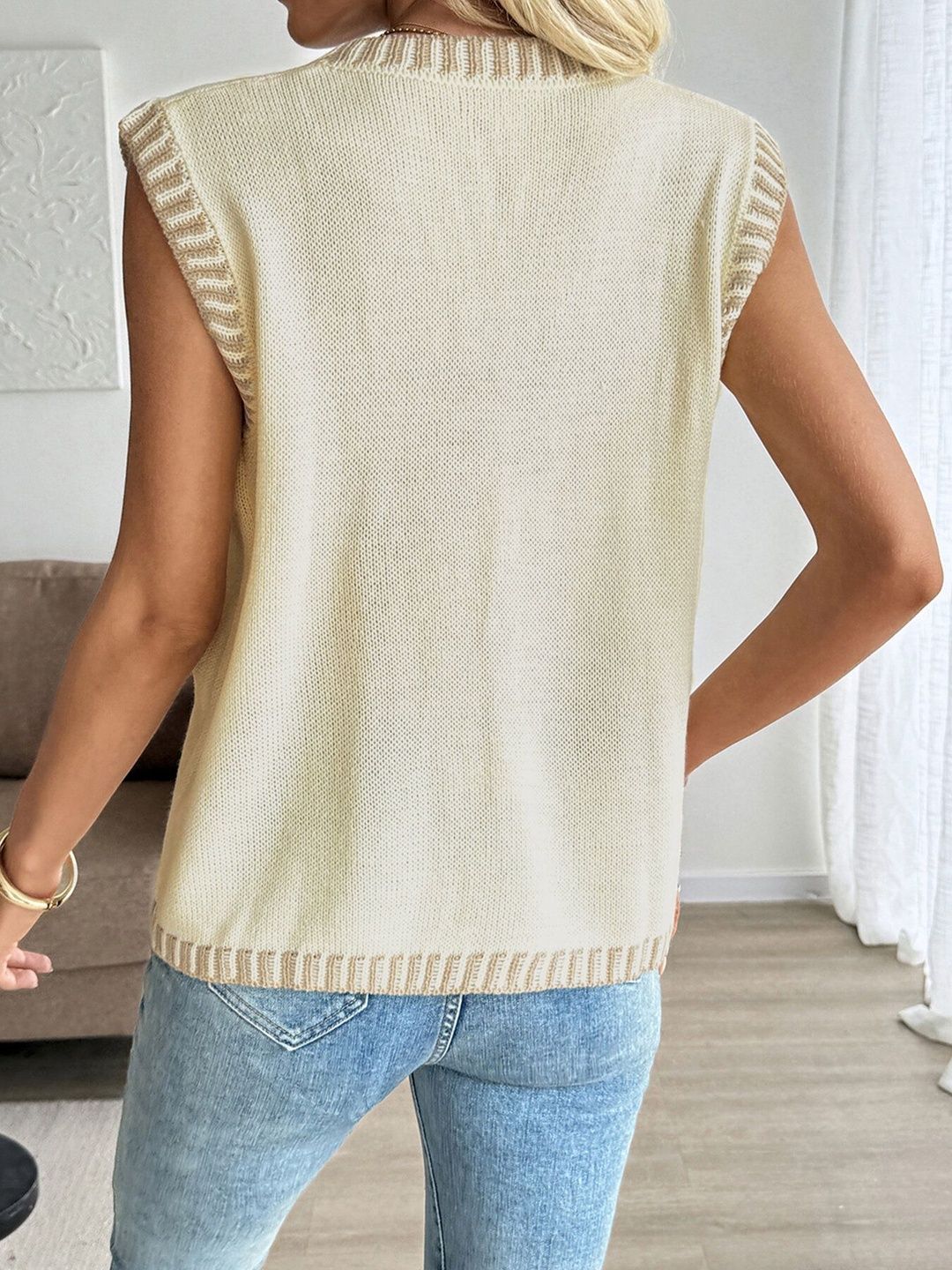 Women's Beige Nowi Women Ribbed Sweater Vest Blend Printed