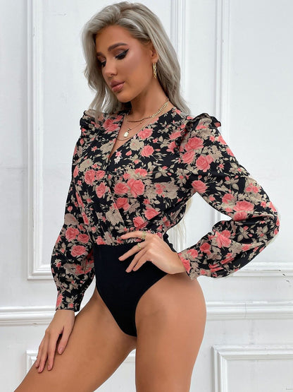 Printed Cotton V-Neck Bodysuit