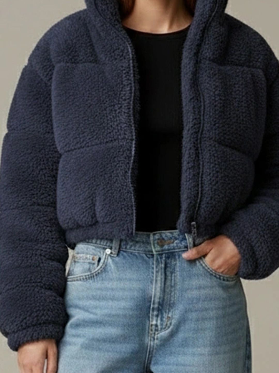 NOWI Women Woollen Crop Open Front Jacket