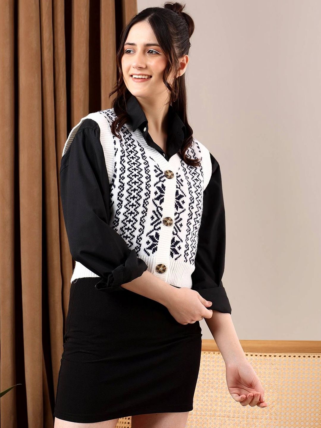 NOWI Women Fair Isle Printed Woollen Sweater Vest