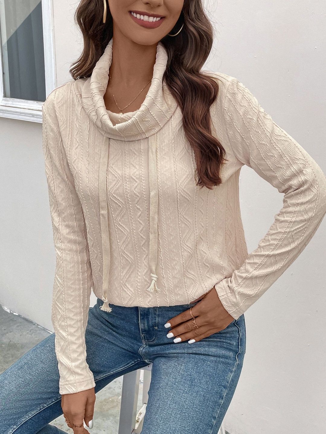 Women Turtle Neck Self Design Sweatshirt
