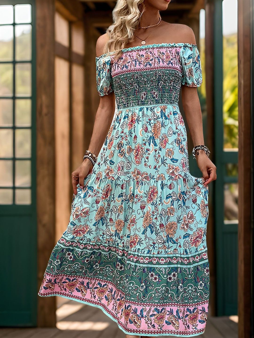 Floral Print Off-Shoulder A-Line Midi Dress in Blue cotton - Nowi Korean Fashion