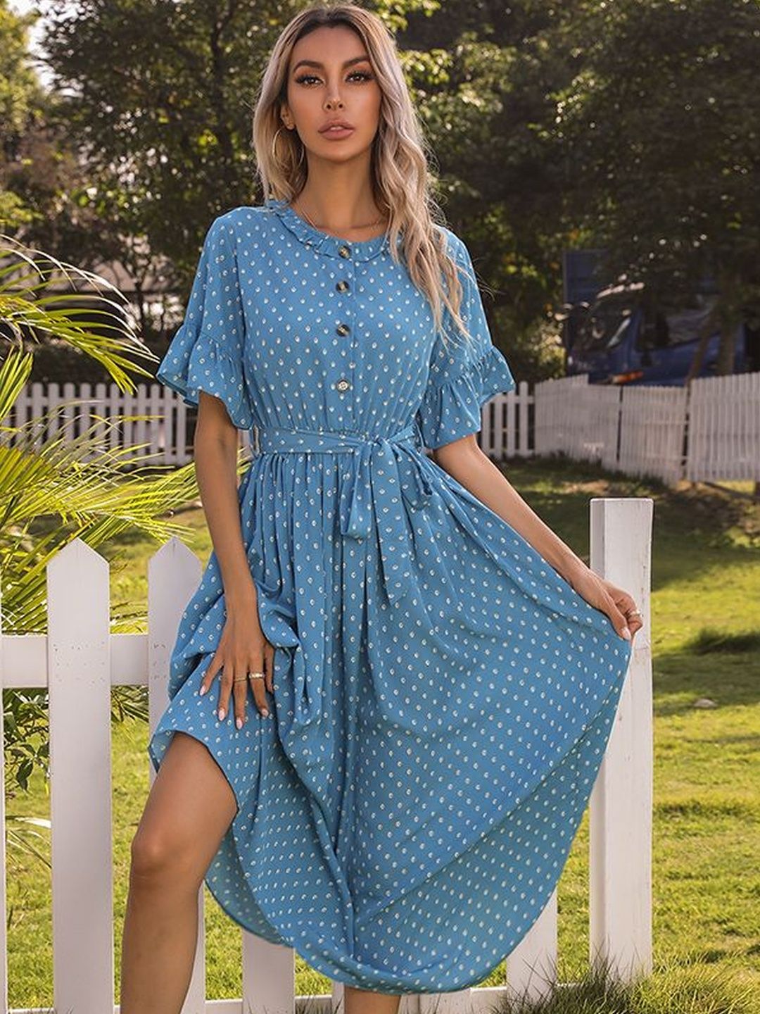 Polka Dot Print Flutter Sleeve Fit & Flare Midi Dress
