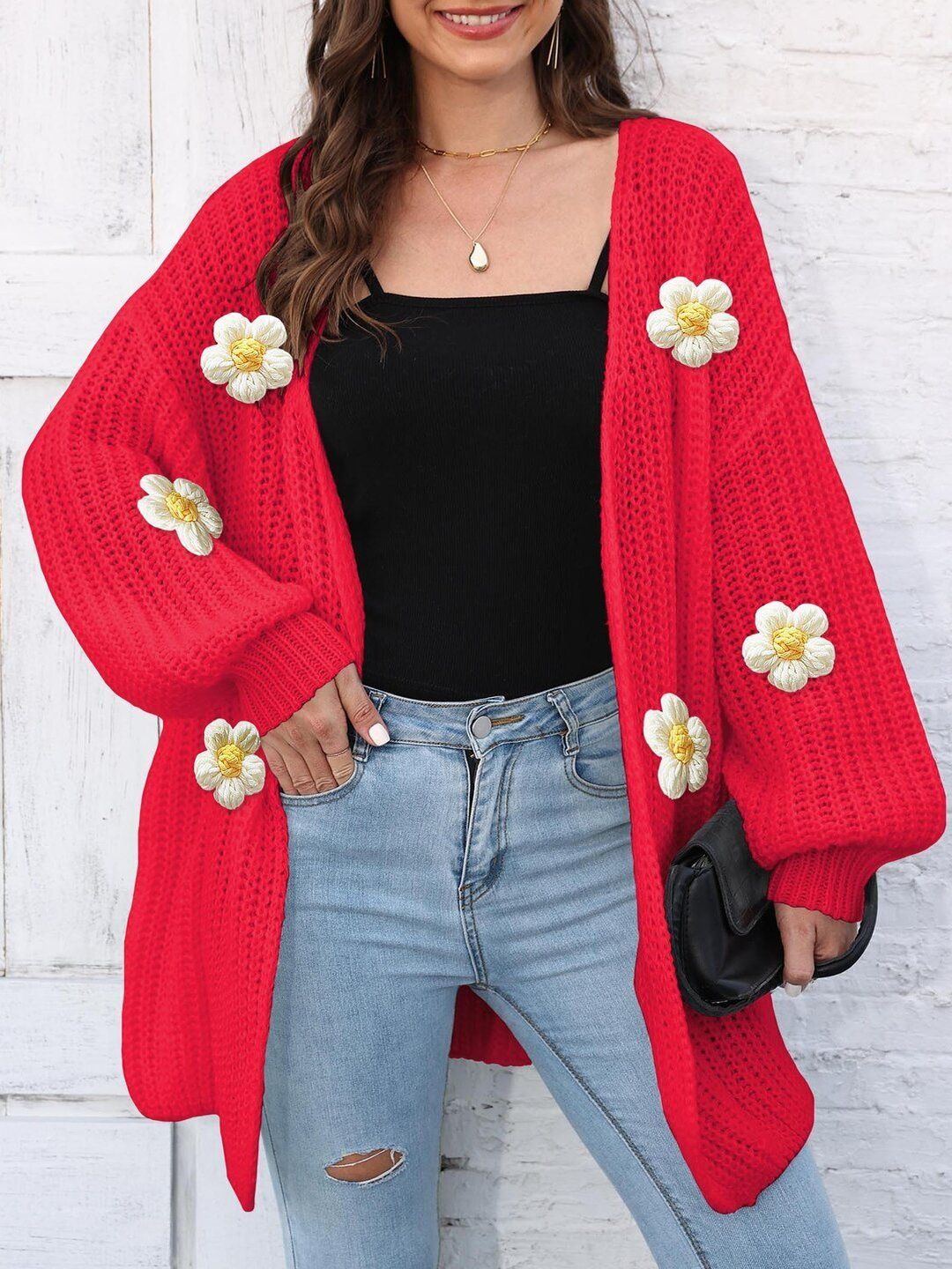 Women Longline Cardigan with Applique Detail
