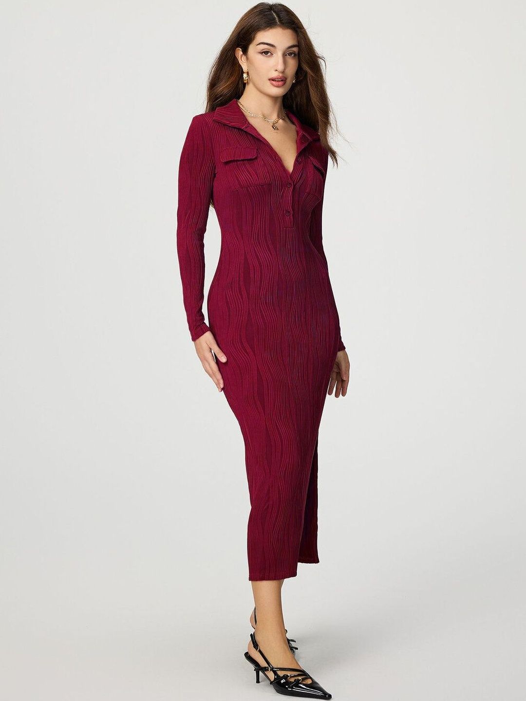 Sheath Midi Dress in Maroon other - Nowi Korean Fashion