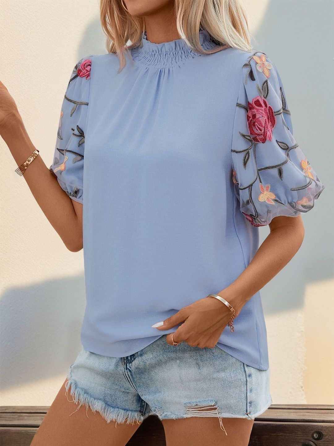 Floral Embroidered Puff Sleeve Top in Blue polyester - Nowi Korean Fashion