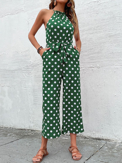 Halter Neck Printed Basic Jumpsuit in Green synthetic - Nowi Korean Fashion