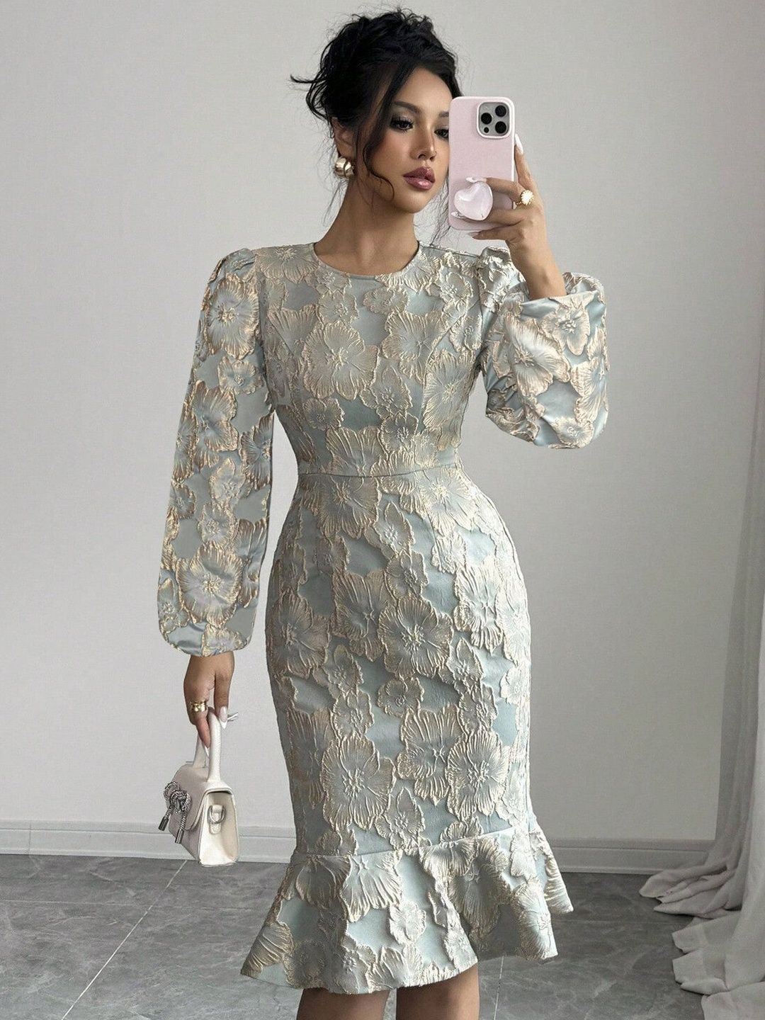 Bishop Sleeve Ruffled Sheath Midi Dress