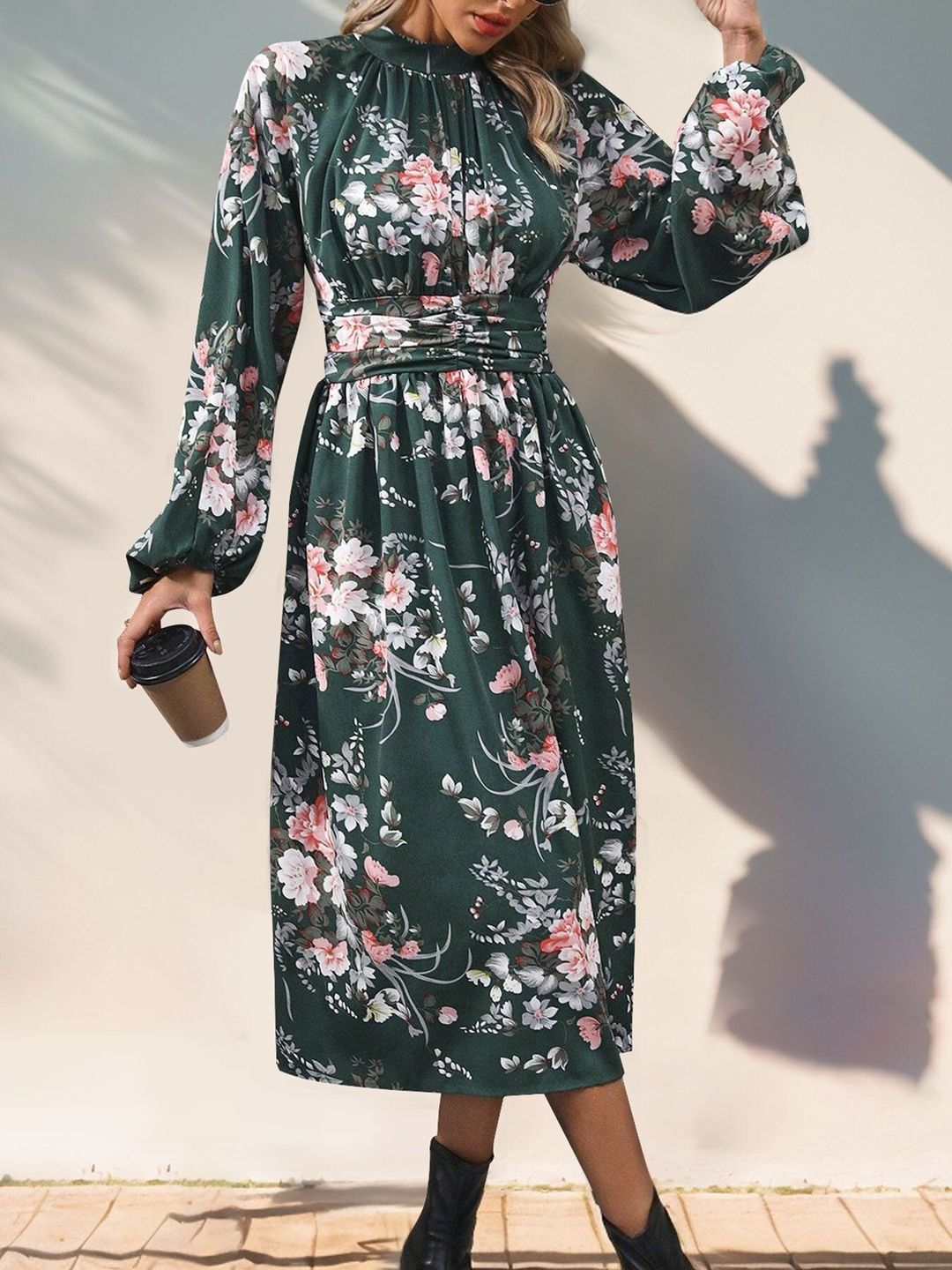 Floral Print Fit & Flare Midi Dress in Green - Nowi Korean Fashion